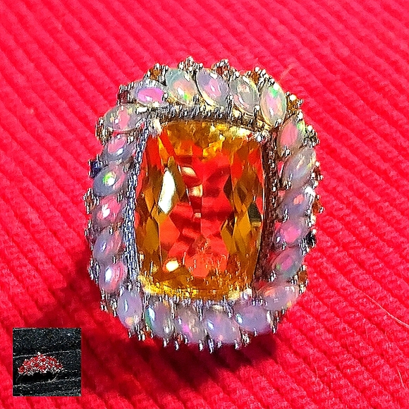 BEAUTY, FIRE & BRILLIANCE. FIRE OPAL SURROUNDS BRAZILIAN CITRINE. STERLING SZ 6. - Picture 3 of 12